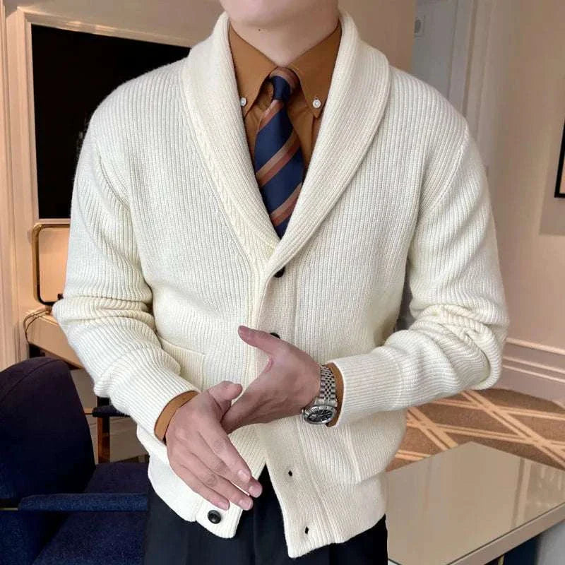 Men's fall season casual cardigan in white, lightweight acrylic, perfect for chilly autumn nights.
