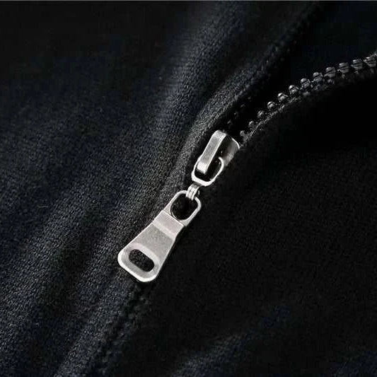 Close-up of zipper on Cold Season Casual Cardigan.