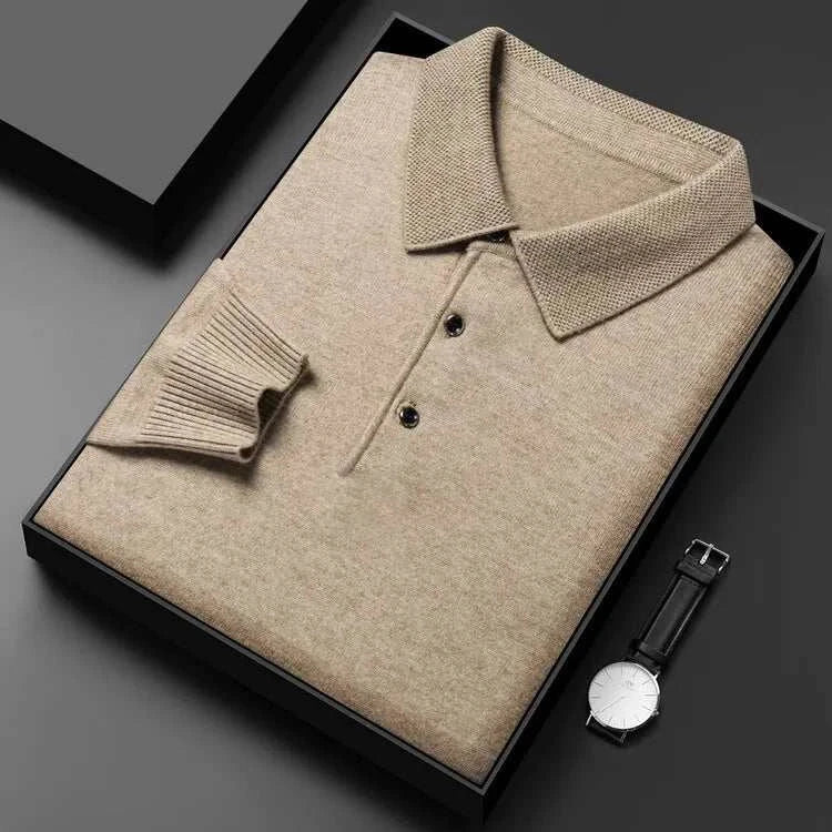 Antonios polo sweater with buttons displayed in an elegant gift box.