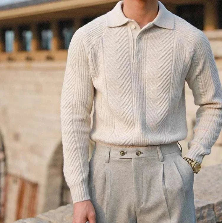 Autumn lapel regular fit sweater with elegant stripes, cozy and stylish for men.