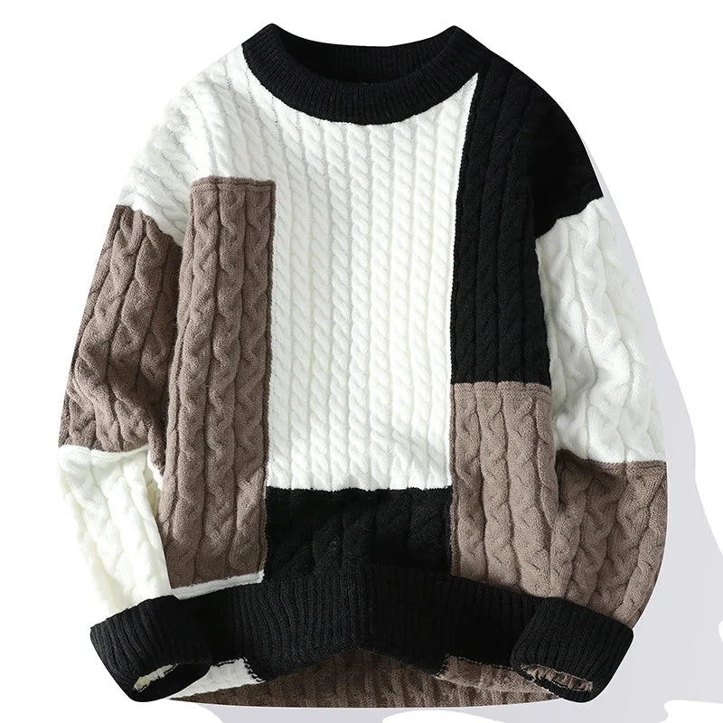 Norway neck sweater with cable knit pattern in brown, black, and white.
