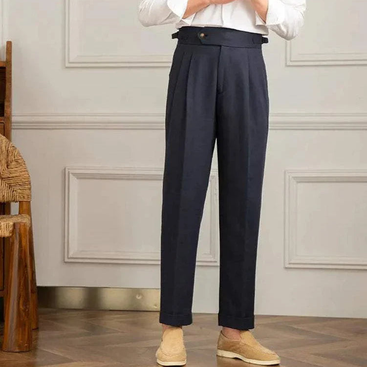 Antonios Naples cotton-linen pants in smart casual style, full-length, summer comfort fit.