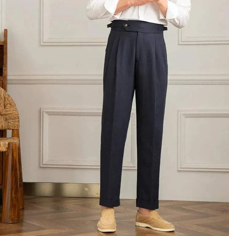 Antonios Naples cotton-linen pants in smart casual style, full-length, summer comfort fit.