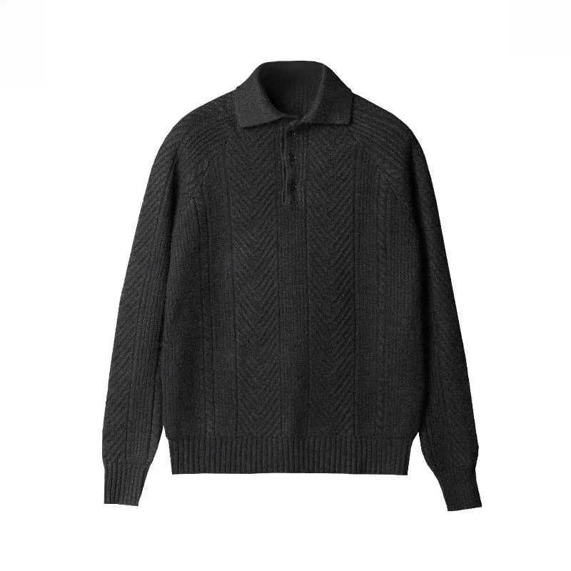 Autumn lapel regular fit sweater for men with elegant stripe pattern in black.