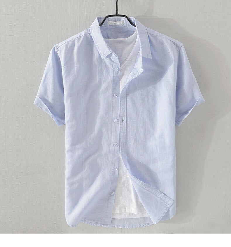 Antonios Short-sleeve Linen Shirt, light blue, breathable cotton-linen blend, smart casual summer wear for men.