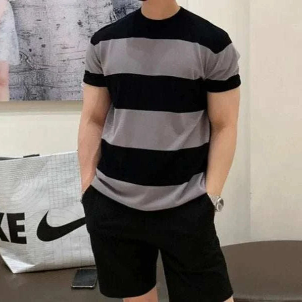 Antonios o-neck striped summer t-shirt for men, casual and elegant style, cotton and polyester blend.