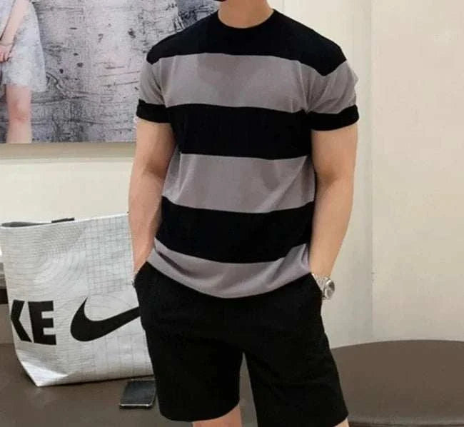 Antonios o-neck striped summer t-shirt for men, casual and elegant style, cotton and polyester blend.