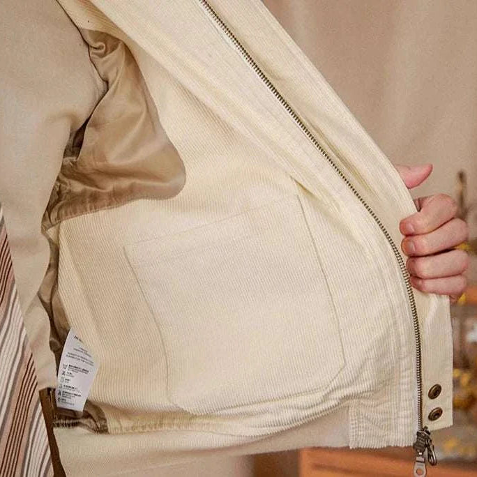 Men's pure cotton bomber jacket, interior view showing soft fabric and pocket details.