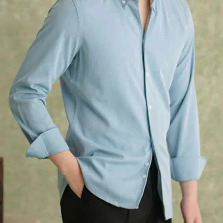 Men's spring pointer collar long sleeve shirt in light blue.