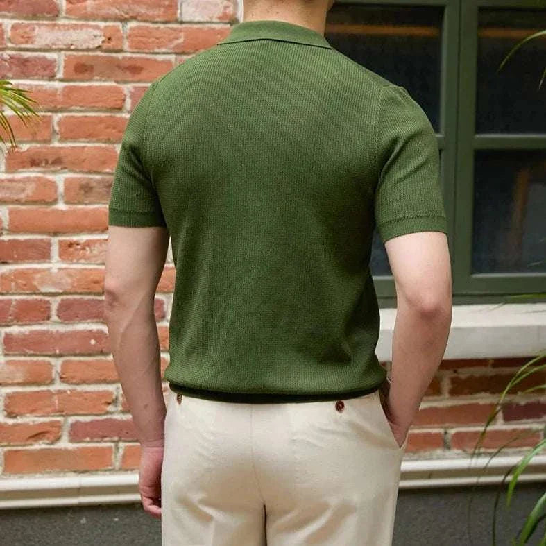 Summer v-neck polo english t-shirt in green, back view, short sleeves, casual wear.