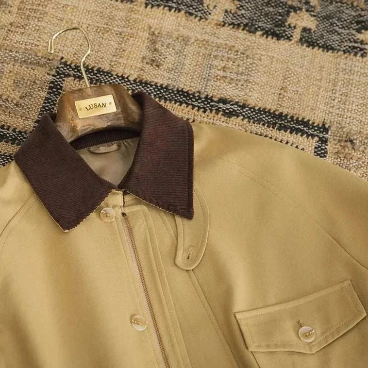 Italian smart casual jacket in vintage style with brown collar, high-quality cotton-polyester blend.