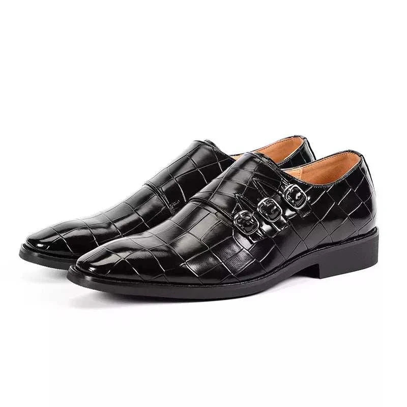 Elegant Oxford triple strip-on shoes for men, black variant, with intricate craftsmanship.