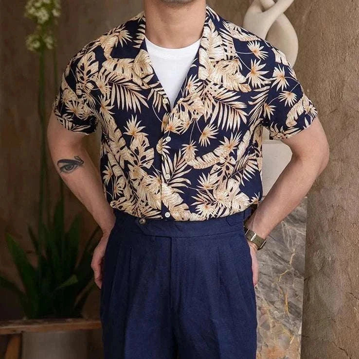 Vintage Hawaiian flower shirt for men in navy with beige floral pattern, casual and breathable for all seasons.