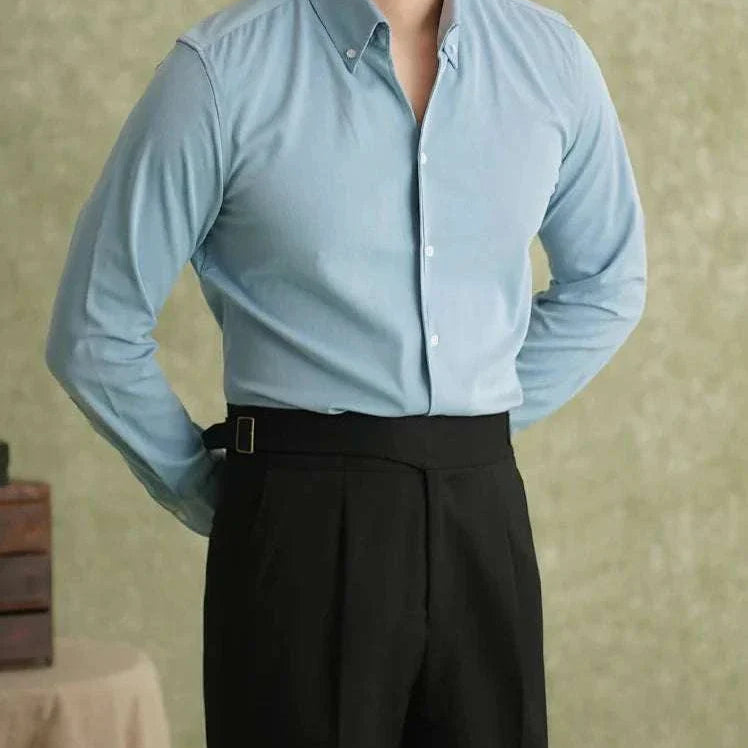 Spring pointer collar long sleeve shirt in blue, made of polyester and spandex, ideal for casual or business wear.