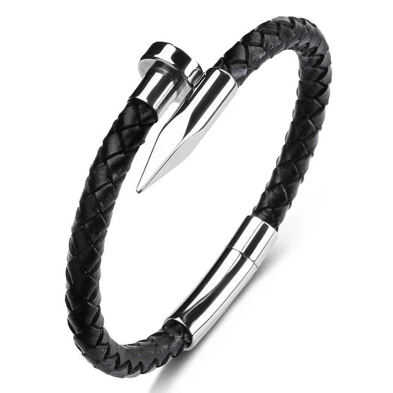 Nail leather men bracelet with stainless steel and PU materials.