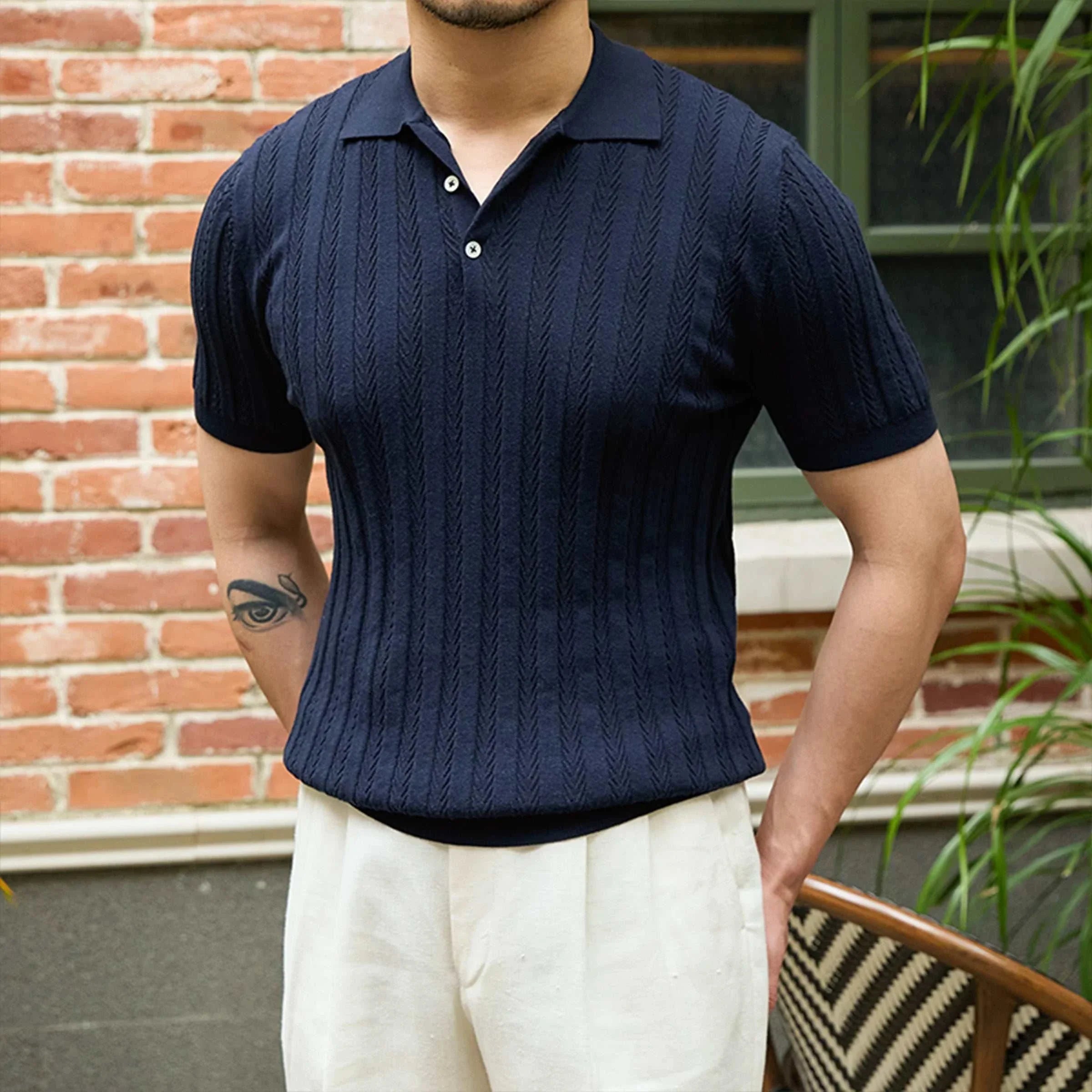 Spring gentleman English t-shirt for men, navy solid pattern, Iyocell fabric, casual elegant style.