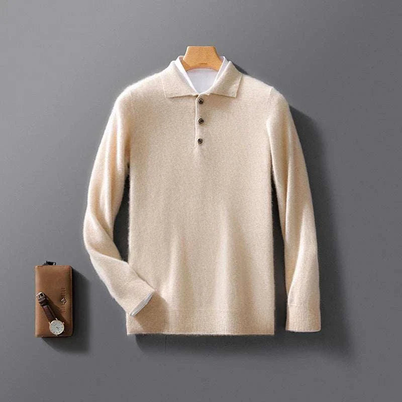 Cold season pure wool sweater for men in beige, luxurious wool-cashmere blend.