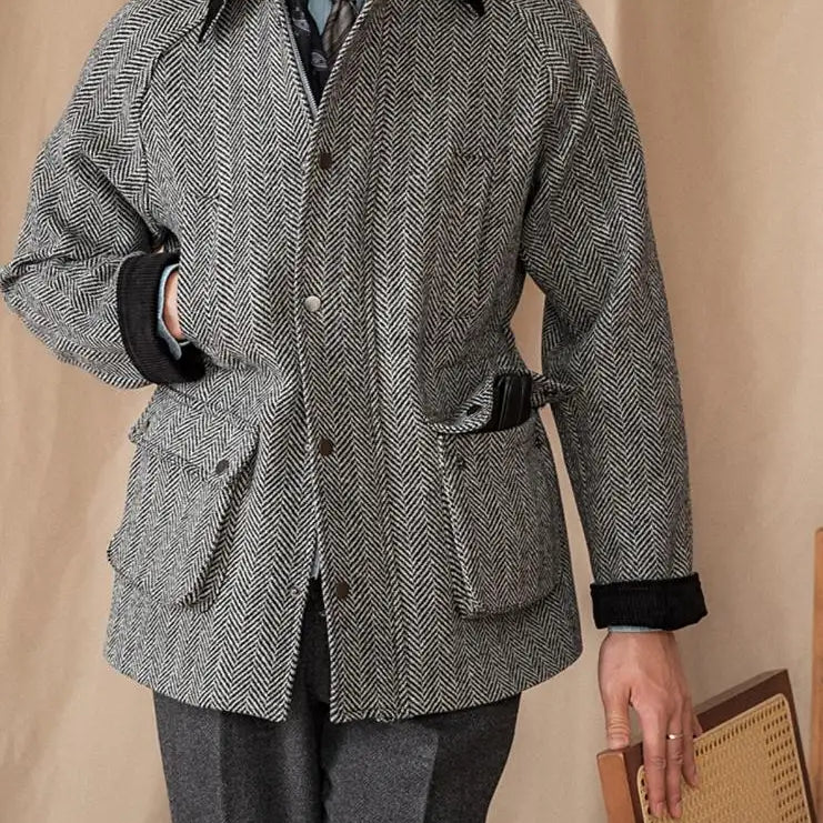 Men's wool heavy vintage coat with classic design and herringbone pattern.