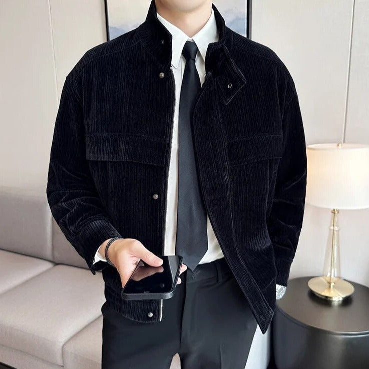 Corduroy winter jacket in black, casual elegant style, suitable for all seasons.