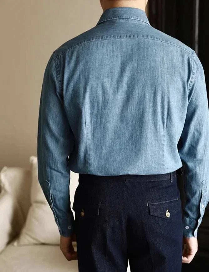Office premium denim shirt in soft, breathable fabric with classic collar, perfect for casual or elegant styles.