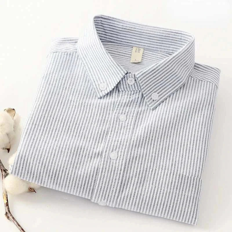 Business casual slim fit shirt in white and gray stripes with cotton plant.