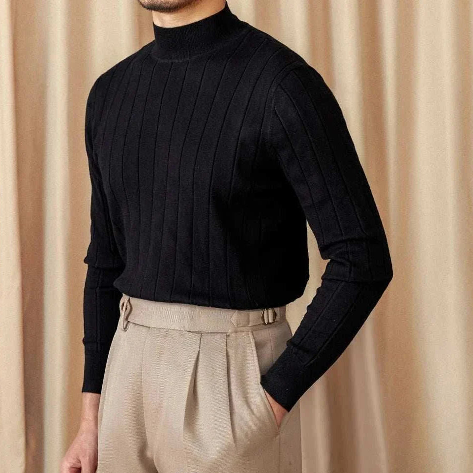 Men's black autumn turtleneck premium sweater, wool-acrylic blend, styled for fall warmth and comfort.