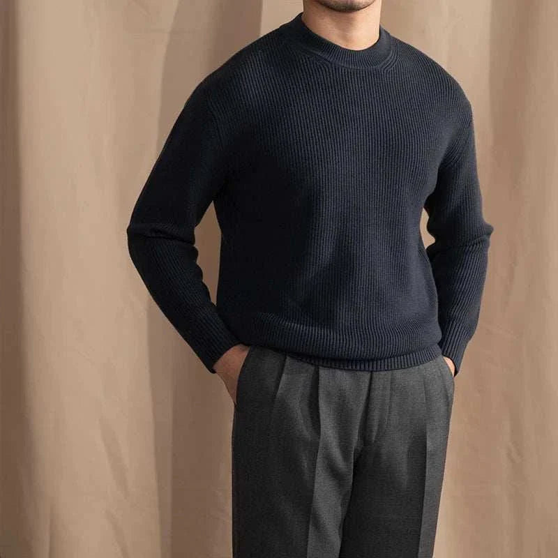 Autumn warm wool sweater for men in solid navy, cozy and stylish for chilly days.