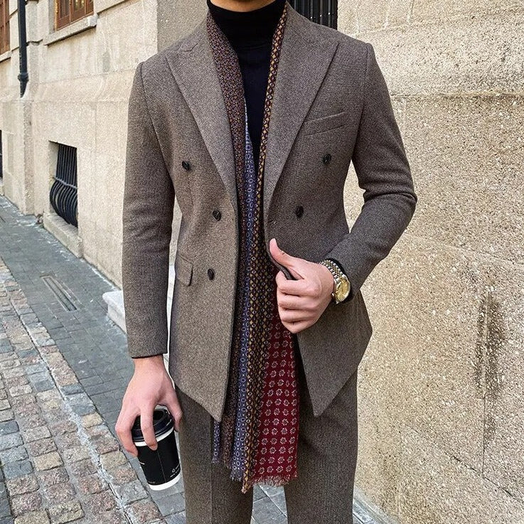 Office double breasted suit for men with intricate pattern and elegant design.