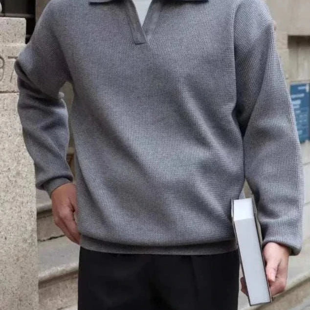 Korean baggy design sweater in gray, solid pattern, men's casual style.