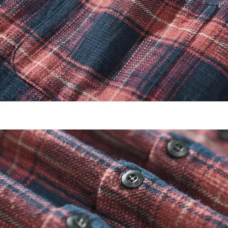 Antonios pure cotton summer shirt with red and navy plaid pattern.