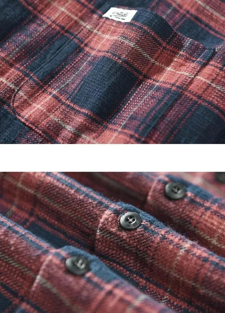Antonios pure cotton summer shirt with red and navy plaid pattern.