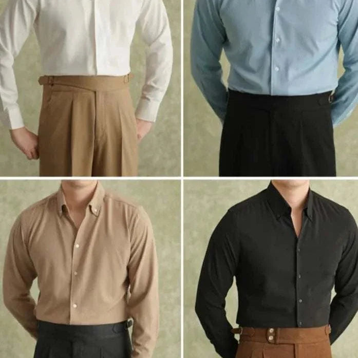 Men's spring pointer collar long sleeve shirts in white, blue, beige, and black colors.