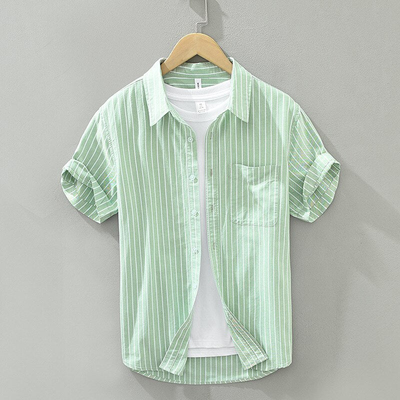 Antonios Green Striped Summer Shirt with button-down collar and front pocket.
