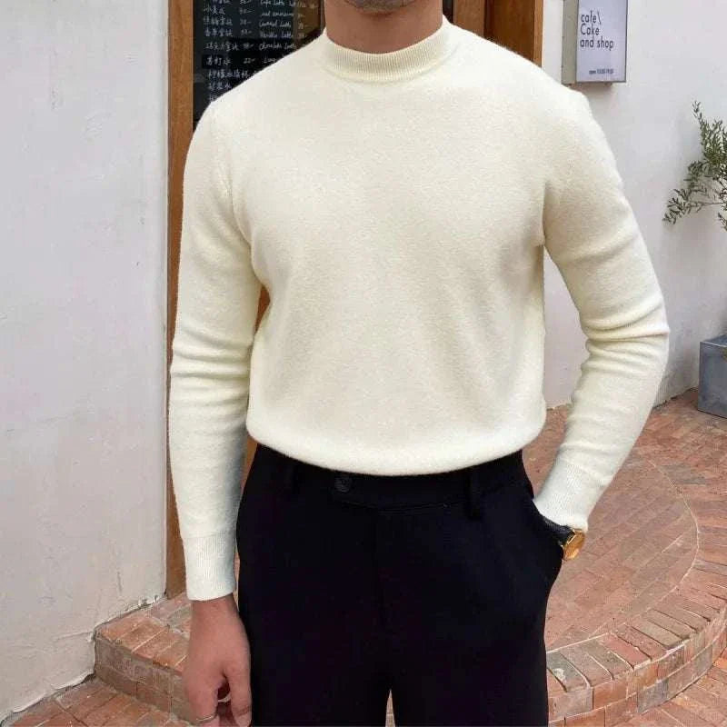 Korean smart casual sweater in apricot color, premium wool, men's solid pattern, elegant style.
