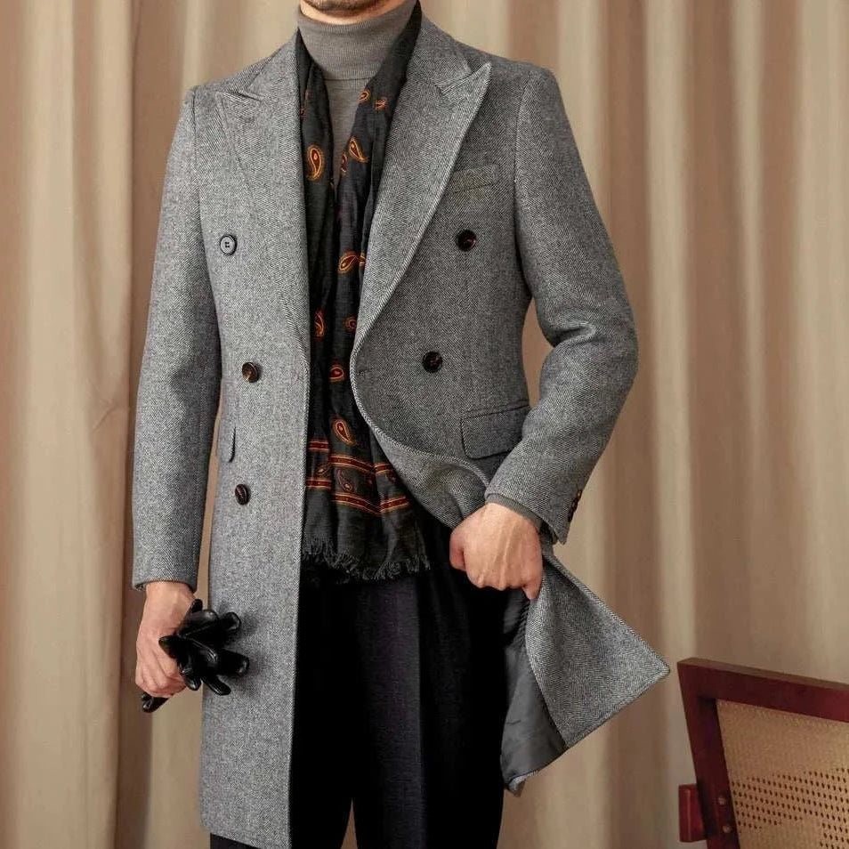 Winter double-breasted wool coat for men in grey, offering warmth and style.