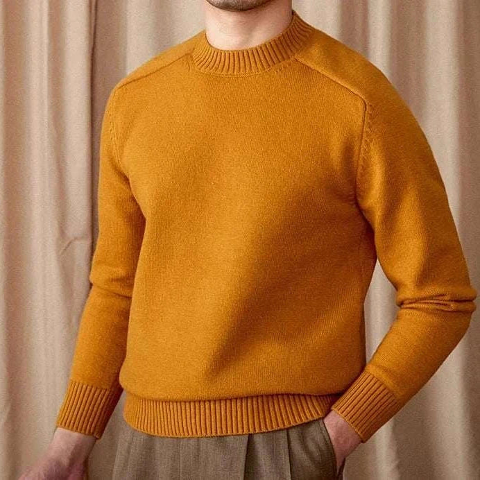 Japanese casual winter sweater in mustard color, wool and cotton blend, men's fashion.