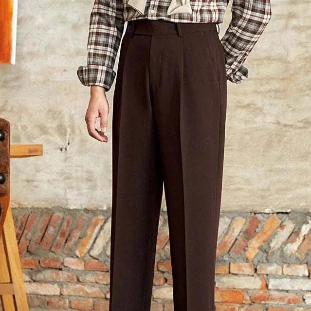 Italian straight style elegant pants in high-quality polyester displayed against a rustic background.