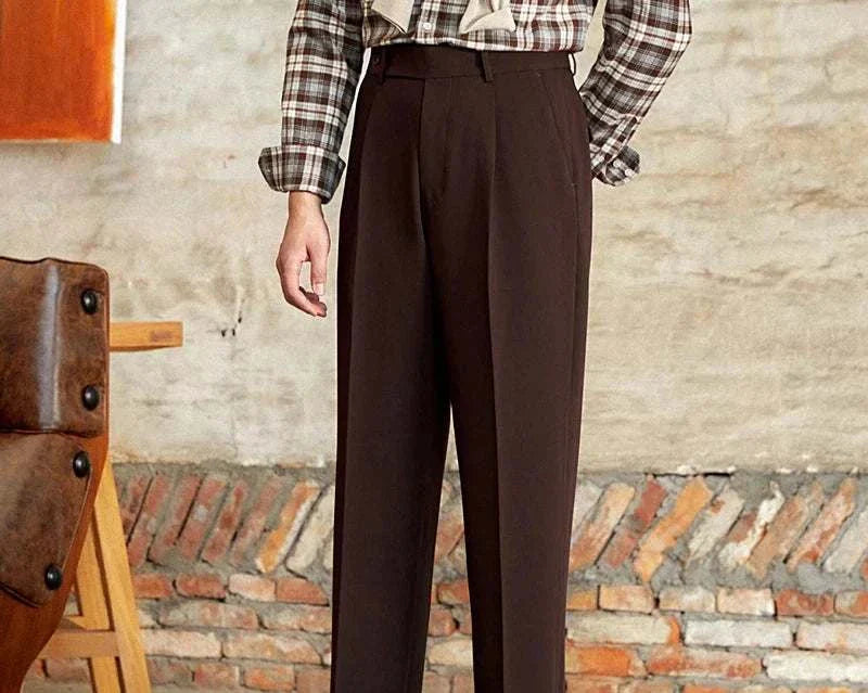 Italian straight style elegant pants in high-quality polyester displayed against a rustic background.