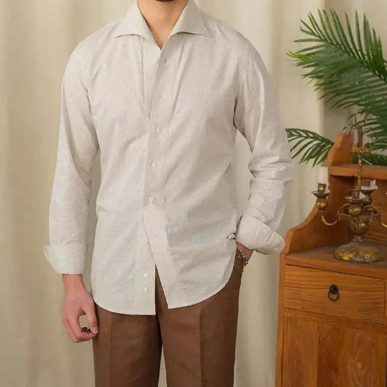 Men's piece collar casual long-sleeve shirt in linen-cotton blend, perfect for comfort and style.