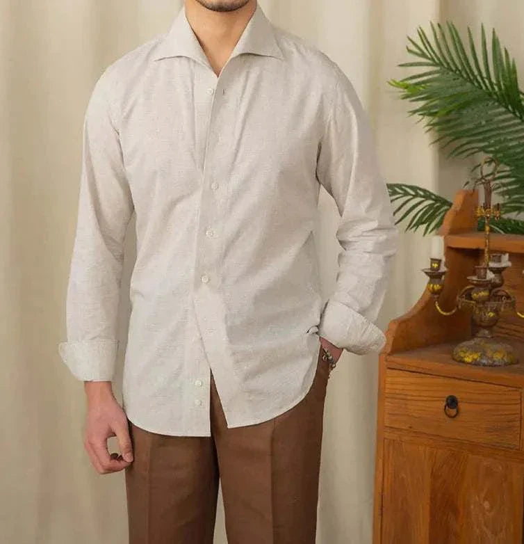 Men's piece collar casual long-sleeve shirt in linen-cotton blend, perfect for comfort and style.