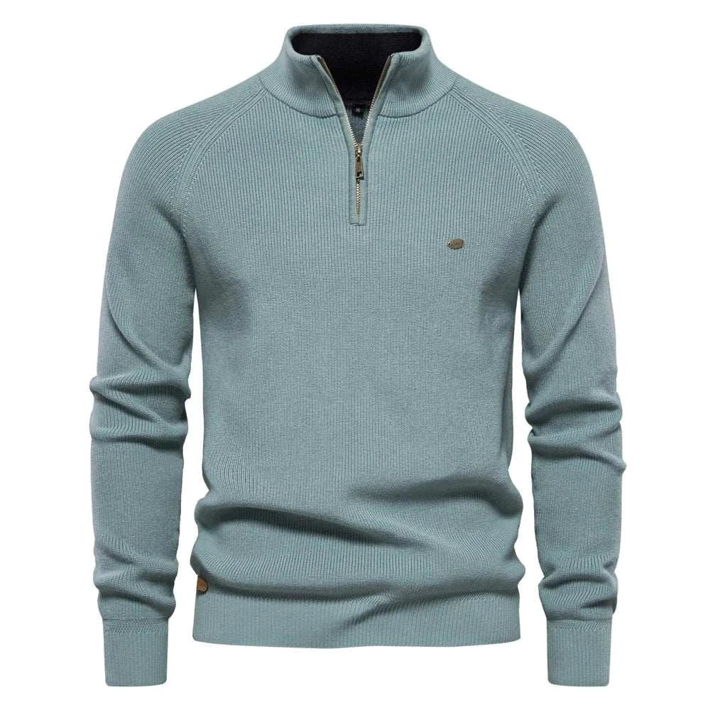 High-collar autumn/winter sweater in green, cotton and lycra blend, men's casual wear.