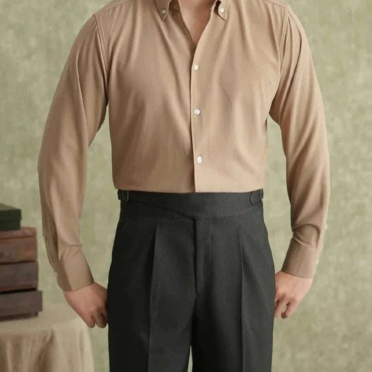 Spring pointer collar long sleeve shirt for men in solid color, made of polyester and spandex, suitable for casual and business occasions.