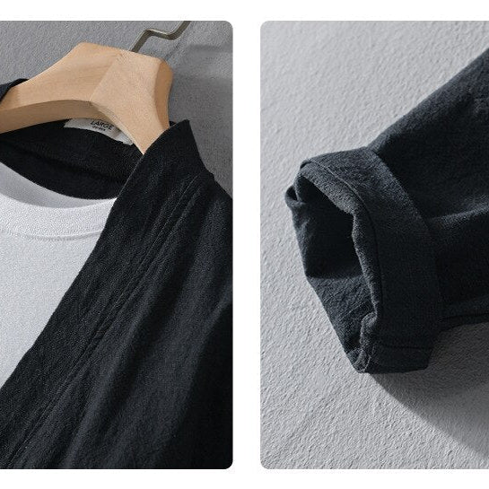 Antonios Linen Long-Sleeved Shirt on hanger with rolled sleeve detail in black.