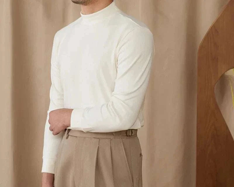 Soft half turtleneck sweater for men in white, stylish and cozy polyester knit, perfect fit.