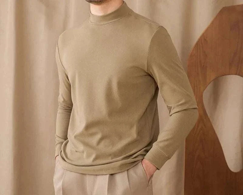 Soft half turtleneck sweater in beige for men, cozy and stylish.