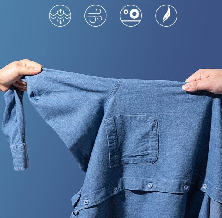 Business casual denim shirt showcasing stretchability and fabric texture.