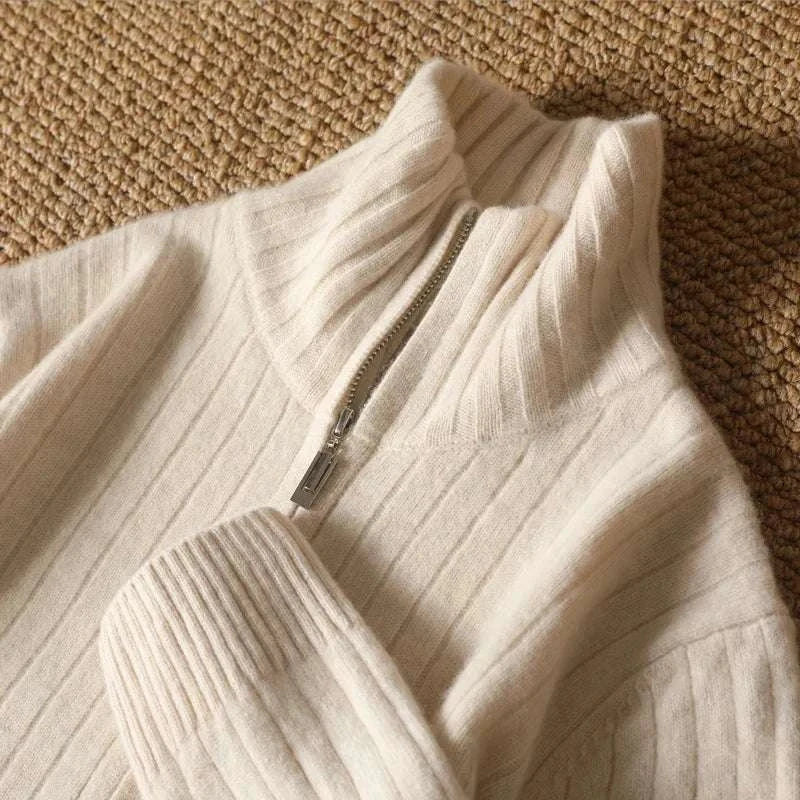 Antonios business casual cardigan in cream, 100% cotton fabric, featuring a cozy zip-up design with ribbed texture.