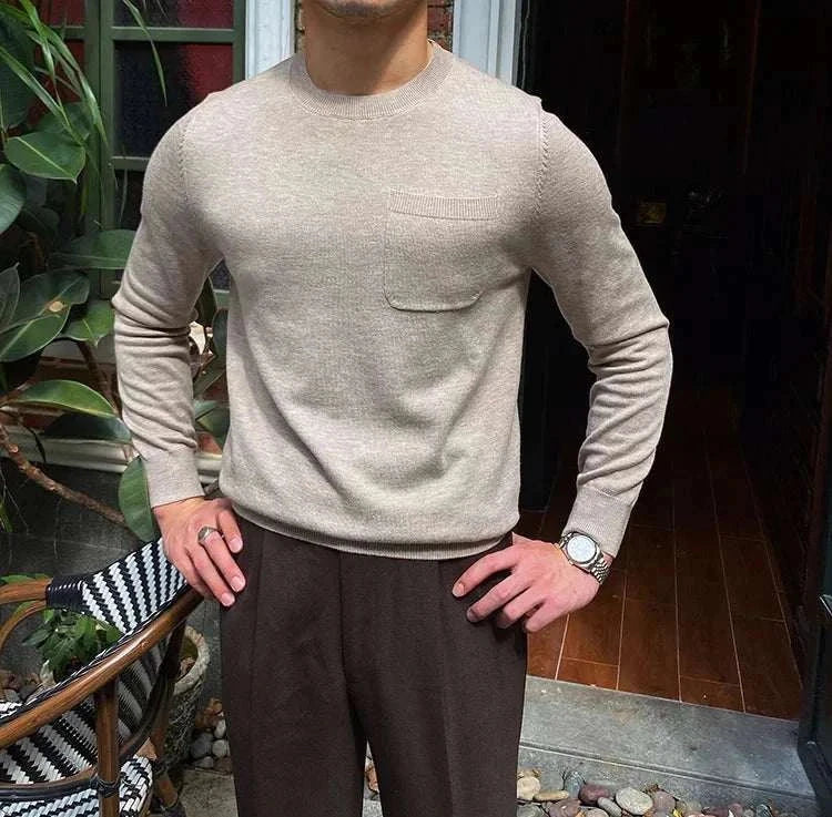 Men's beige office sweater, cozy and perfect fitting for professional settings.