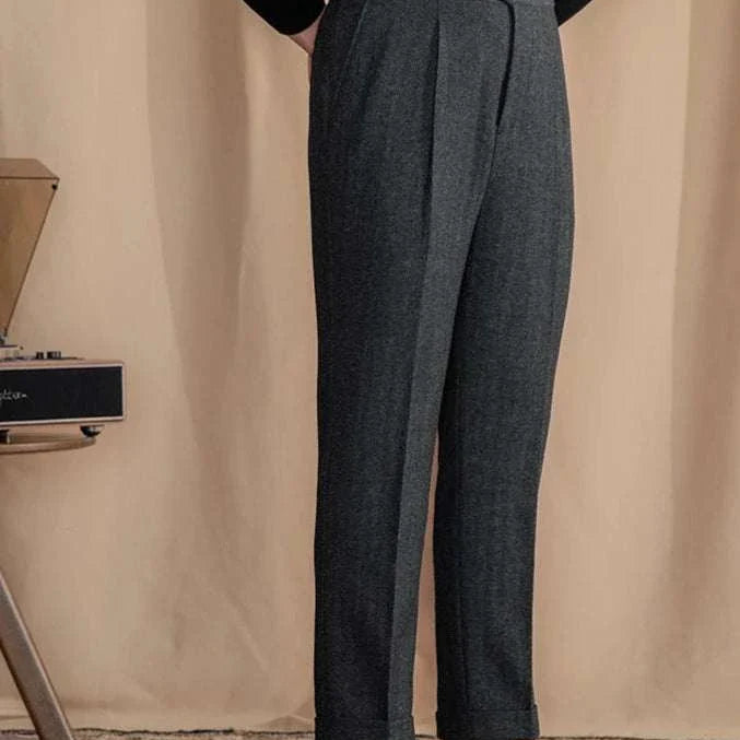Antonios vintage wool herringbone pants in elegant smart casual style.