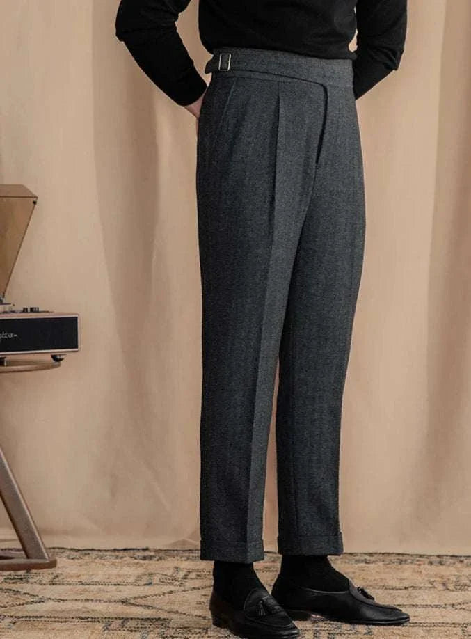 Antonios vintage wool herringbone pants in elegant smart casual style.
